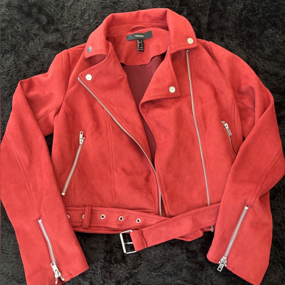 Brick Red Forever 21 Faux Suede Moto Jacket